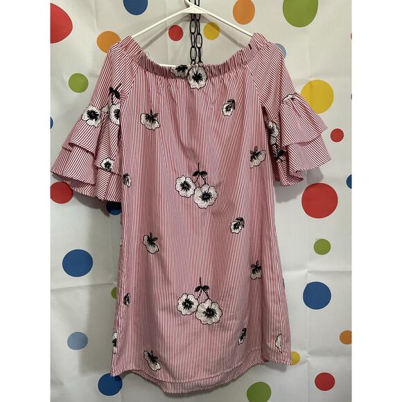 NWOT Ces Femme Size S Off The Shoulder Dress Pinstriped Floral - Picture 11 of 16